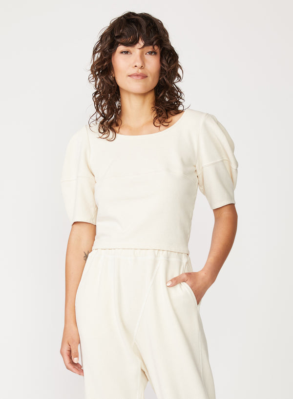 cream french terry puff sleeve top