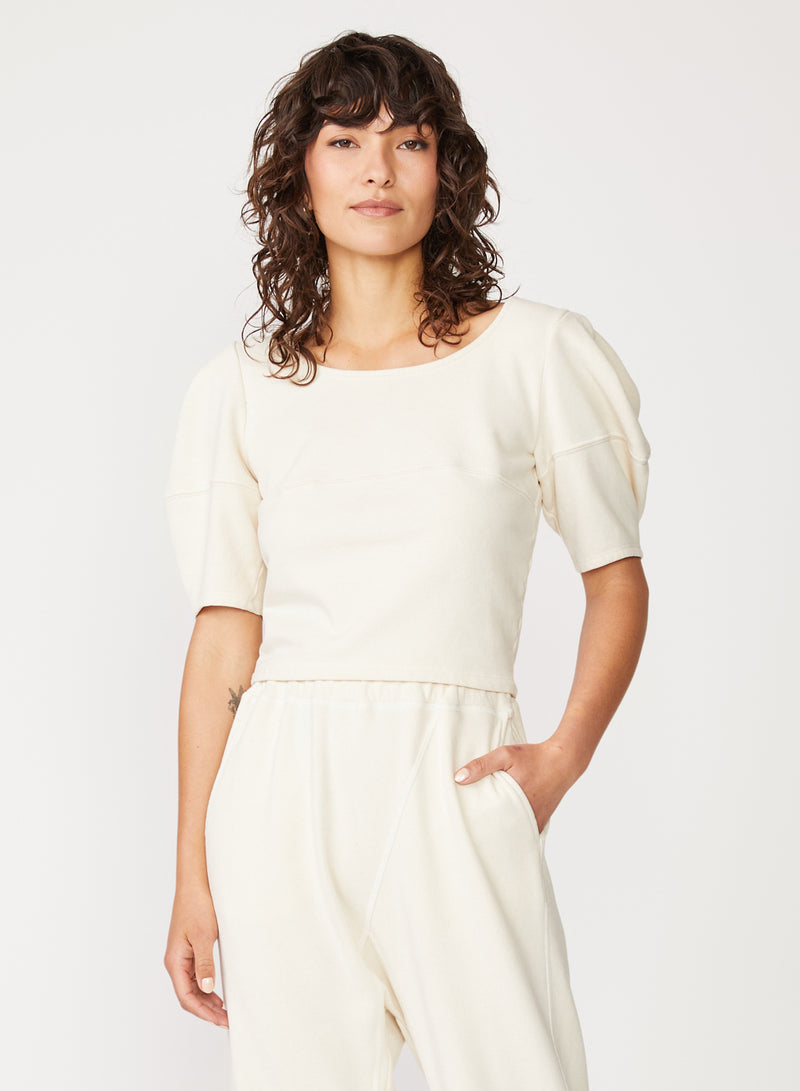 cream french terry puff sleeve top