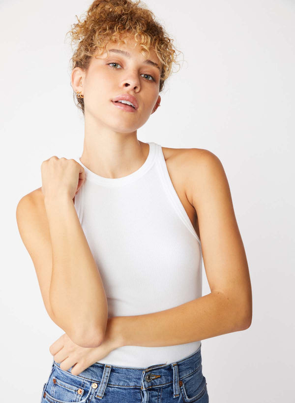 Stateside 2X1 Rib High-Neck Tank in White - front arms crossed