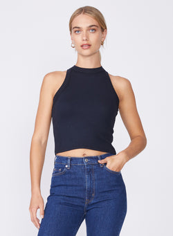 black cropped ribbed tank - front view paired with jeans