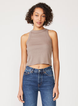 tan 2x1 cropped tank - front view paired with jeans