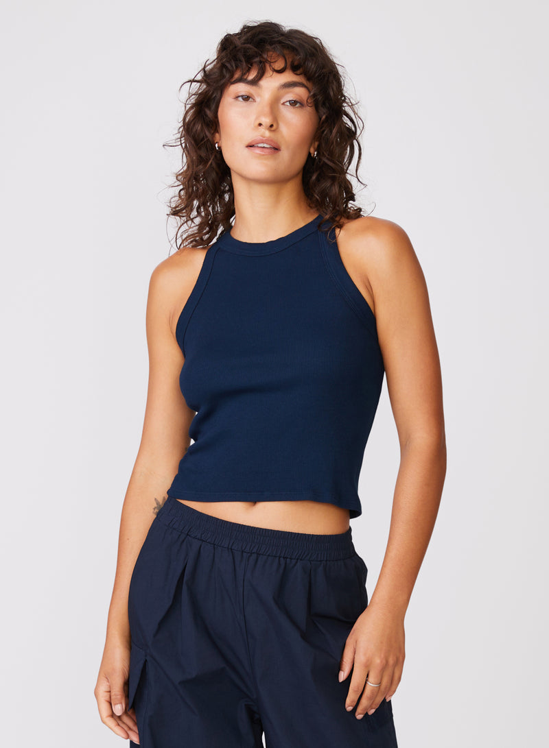 Stateside 2x1 Rib 90's Tank in New Navy - front view with cargo pants