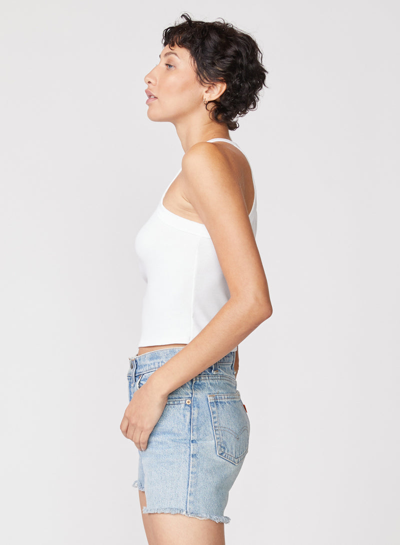 white rib high neck tank - side view paired with jean shorts