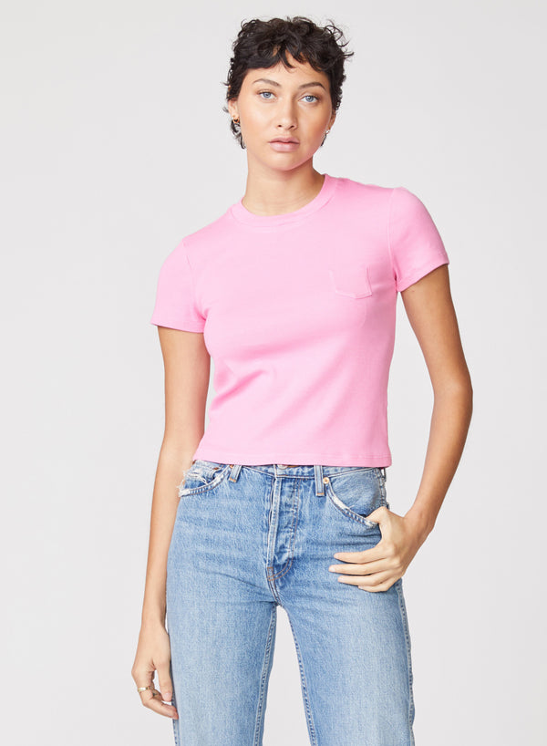 pink rib baby tee - front view paired with jeans