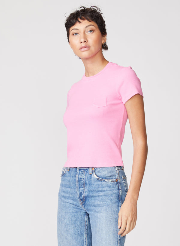 pink rib baby tee - 3/4 side view