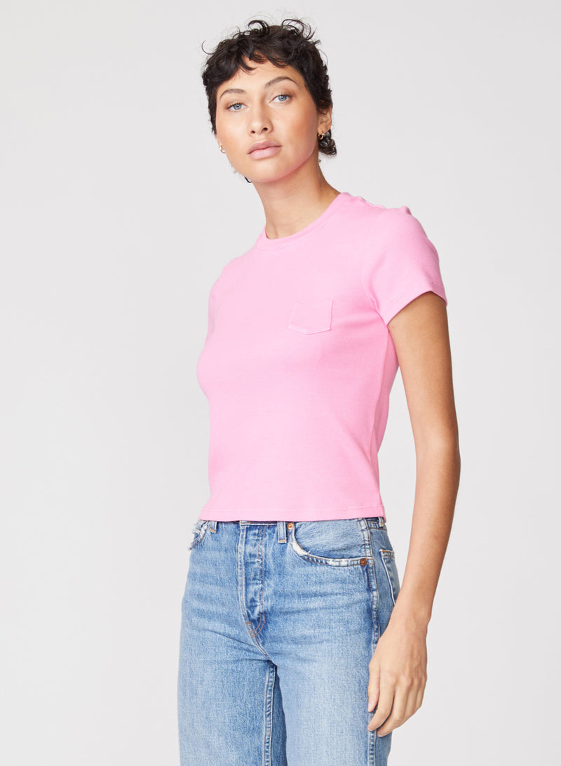 pink rib baby tee - 3/4 side view