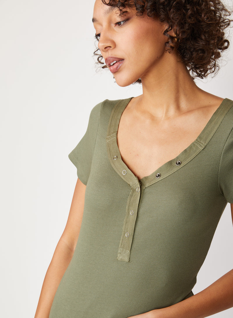 Stateside 2x1 Rib Short Sleeve Snap Front Top in Artichoke - 3/4 front view with snap detail