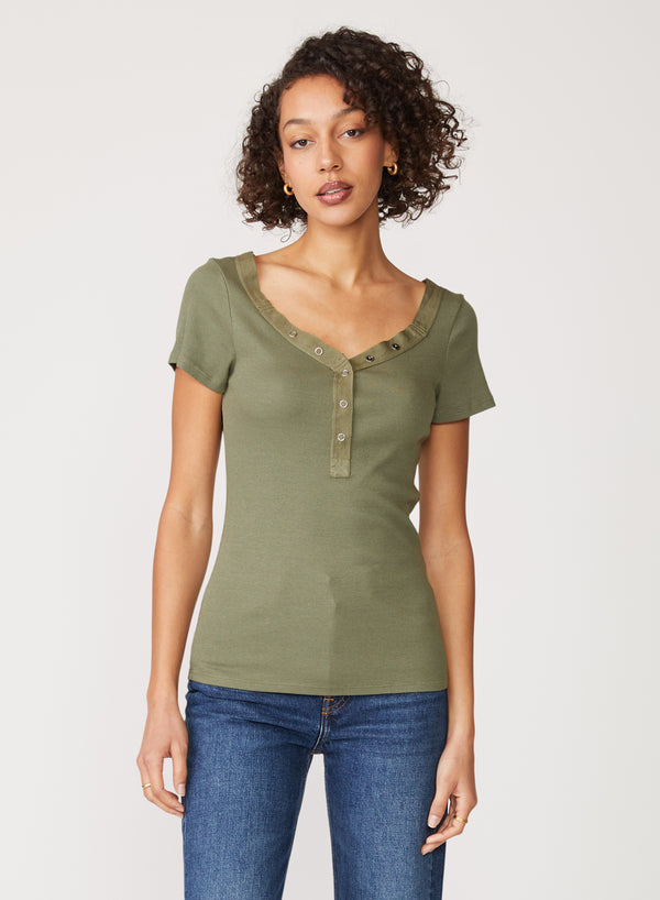Stateside 2x1 Rib Short Sleeve Snap Front Top in Artichoke - front center view