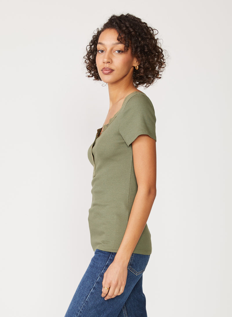 Stateside 2x1 Rib Short Sleeve Snap Front Top in Artichoke - side view