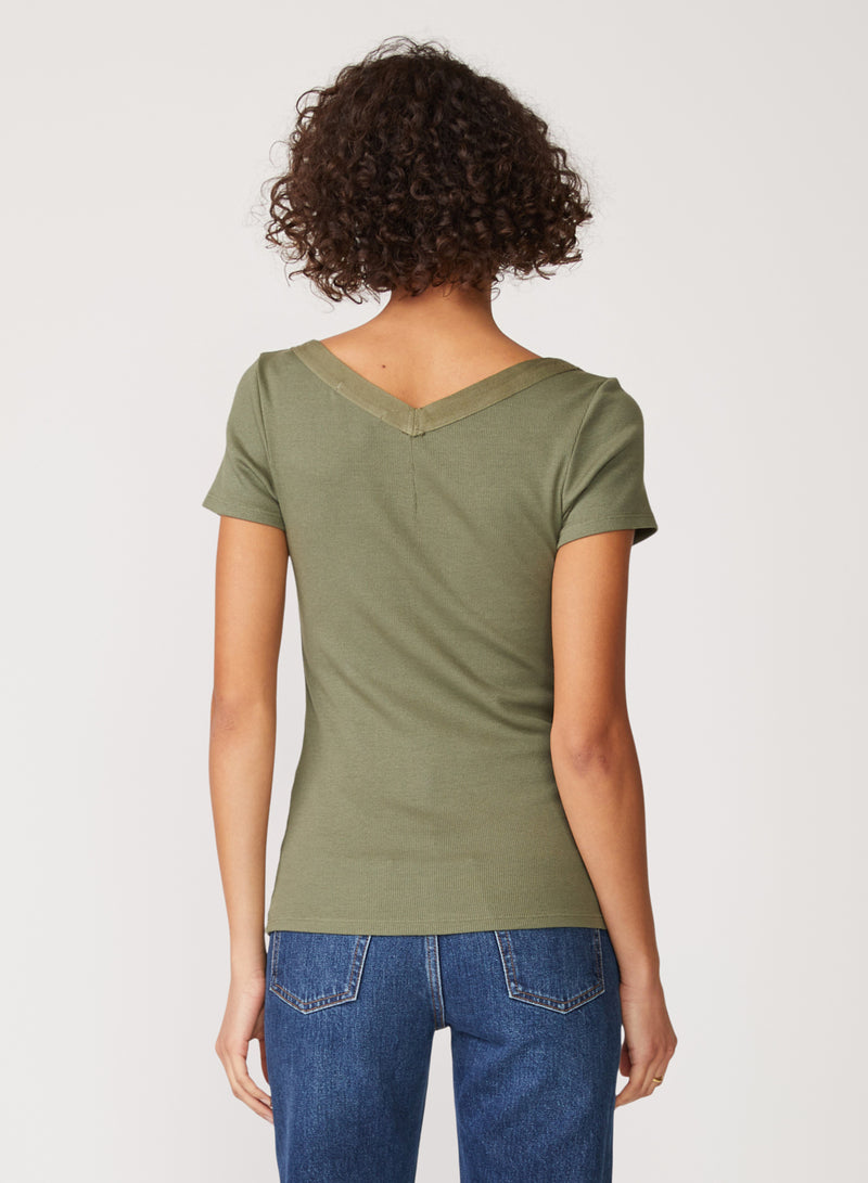 Stateside 2x1 Rib Short Sleeve Snap Front Top in Artichoke - back view