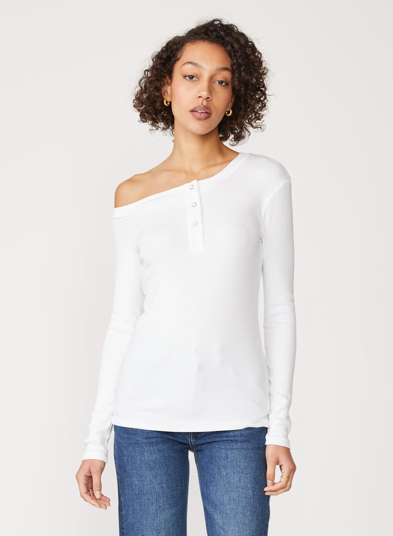 white 2x1 rib off-shoulder top - front view