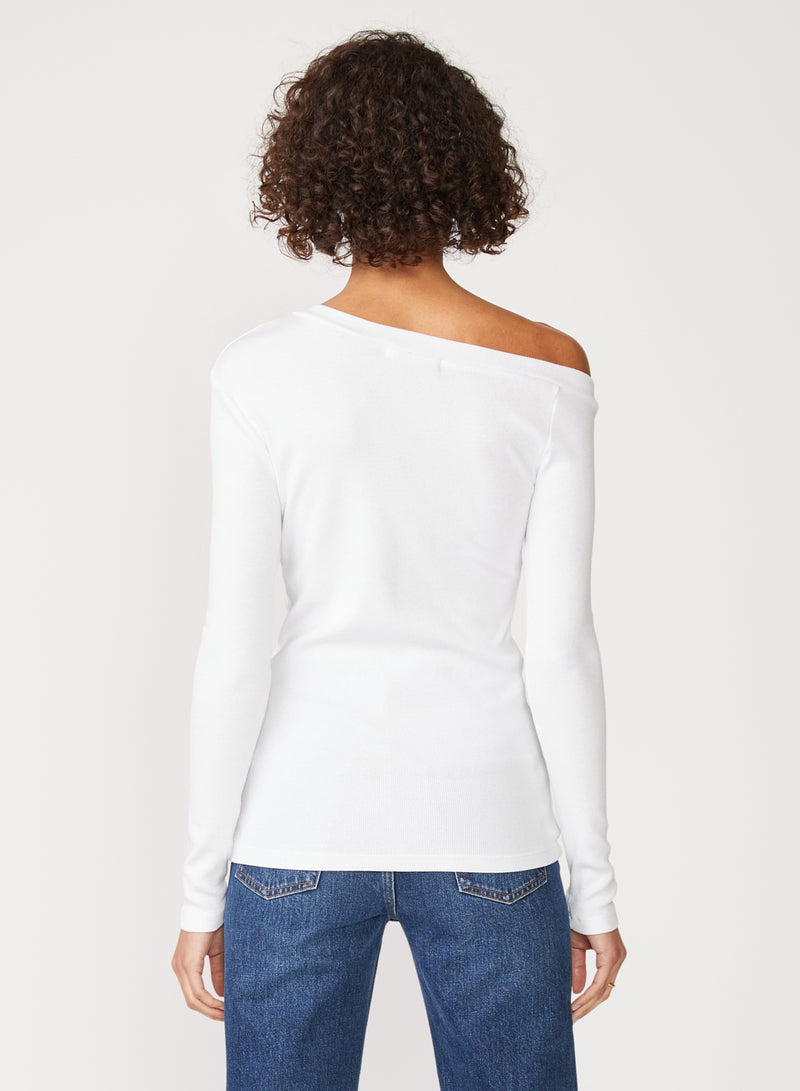 white 2x1 rib off-shoulder top - back view