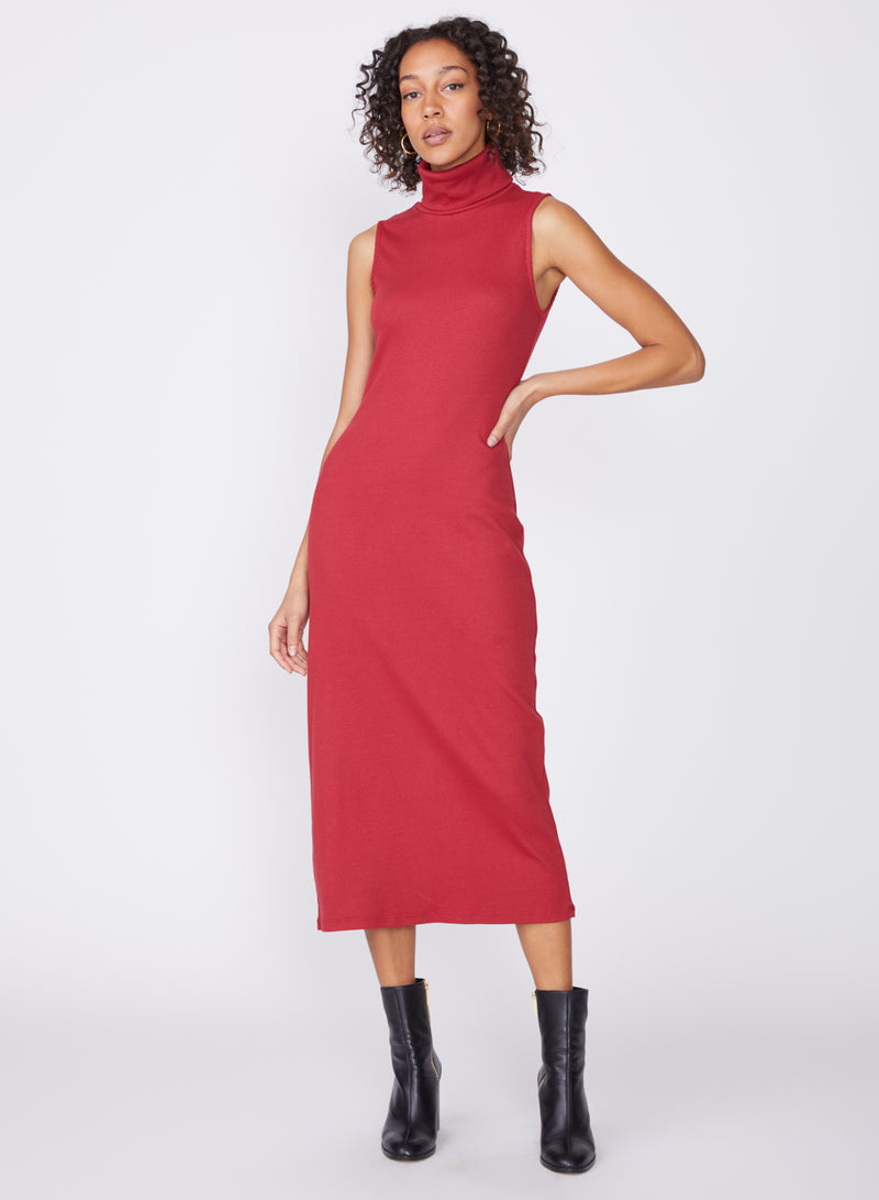 red ribbed turtleneck midi dress - front full view