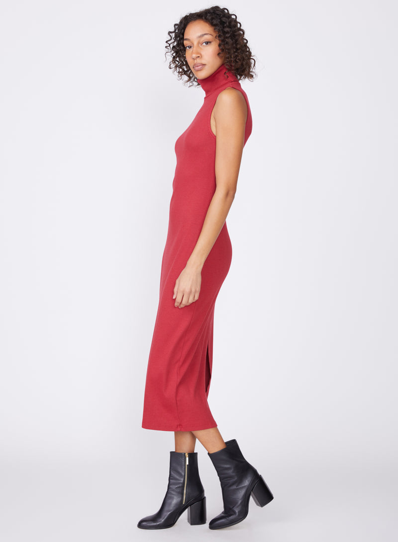 red ribbed turtleneck midi dress - side full view