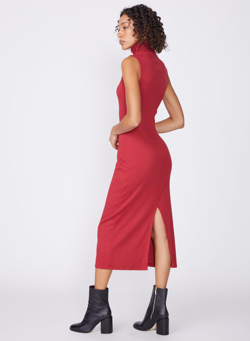 red ribbed turtleneck midi dress - 3/4 back view of slit