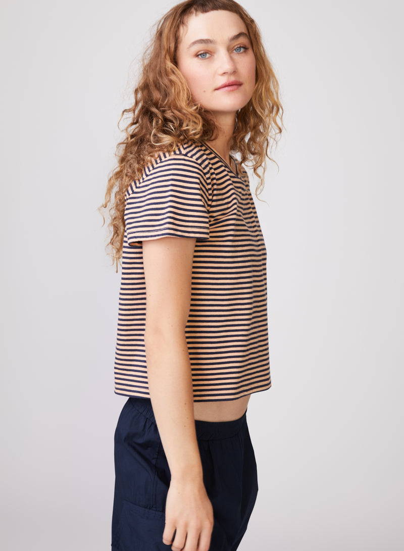 Mini Navy Stripe Short Sleeve Crew in Cantaloupe - right side