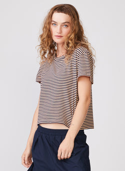 Mini Navy Stripe Short Sleeve Crew in Cantaloupe - front 3/4 view
