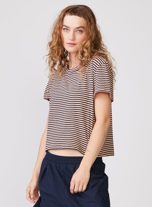 Mini Navy Stripe Short Sleeve Crew in Cantaloupe - front 3/4 view