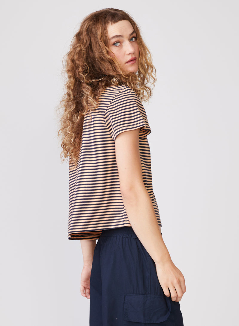 Mini Navy Stripe Short Sleeve Crew in Cantaloupe - right side with cap sleeve