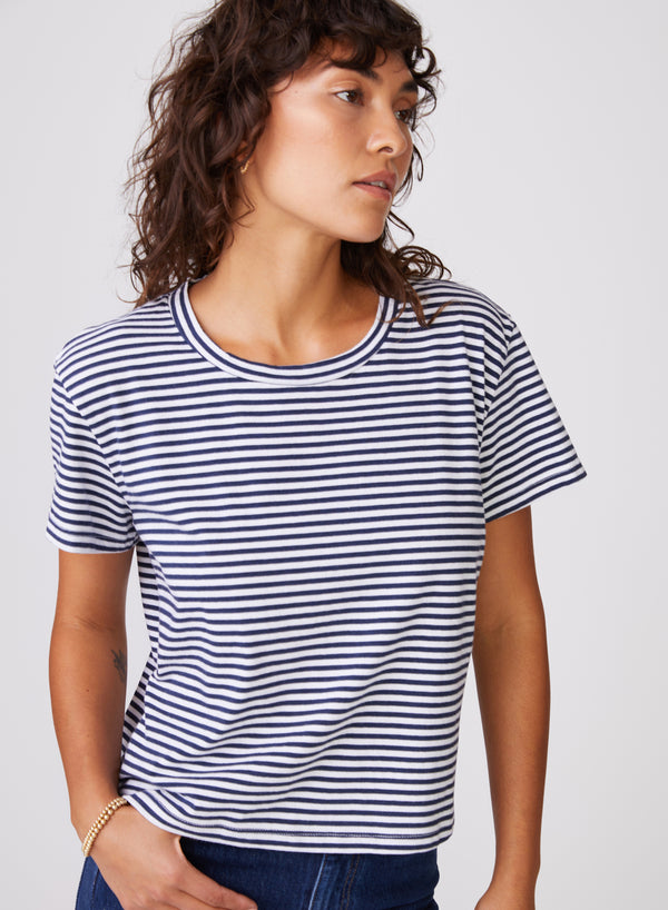 Mini Navy Stripe Short Sleeve Crew in White - front close up