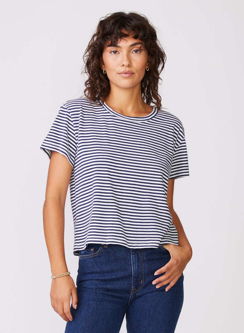 Mini Navy Stripe Short Sleeve Crew in White - hand on jeans