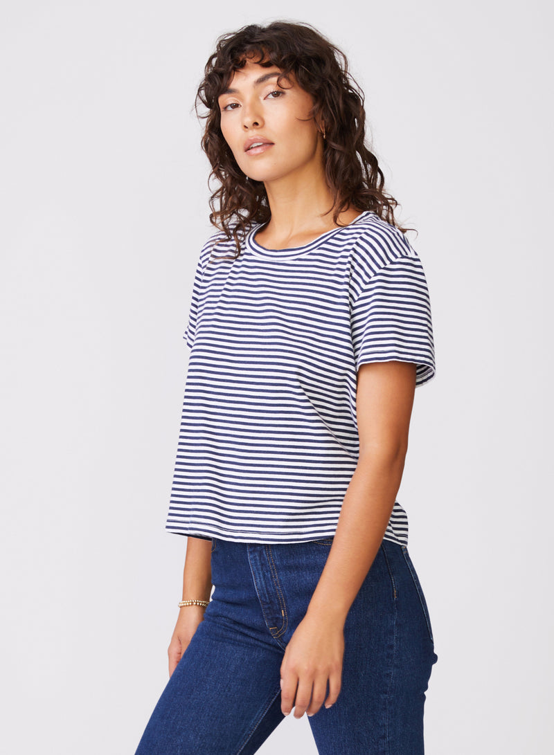 Mini Navy Stripe Short Sleeve Crew in White - left side