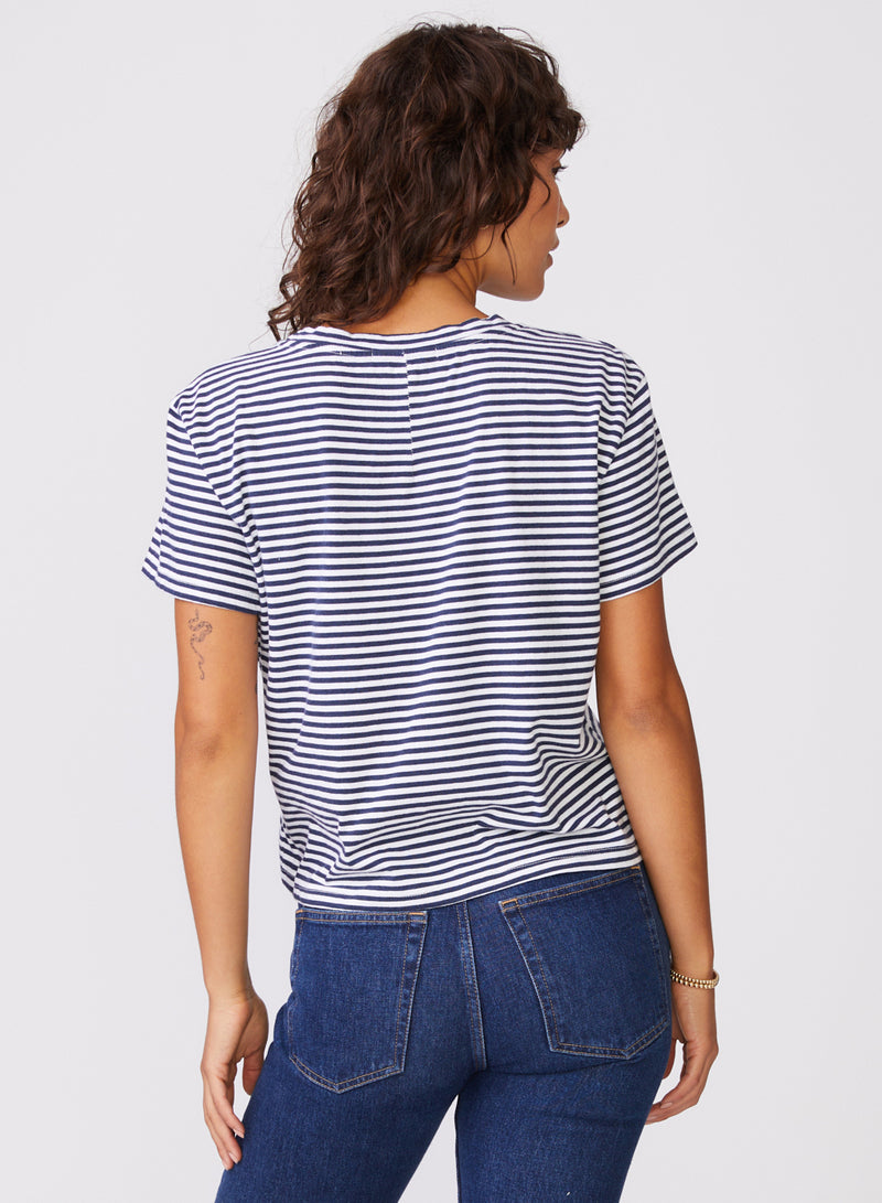 Mini Navy Stripe Short Sleeve Crew in White - back