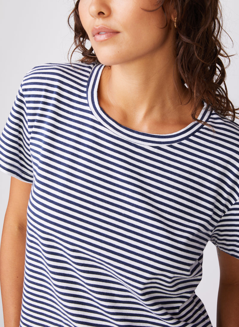 Mini Navy Stripe Short Sleeve Crew in White - 3/4 front view