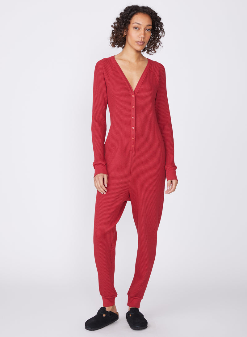 red luxe thermal onesie