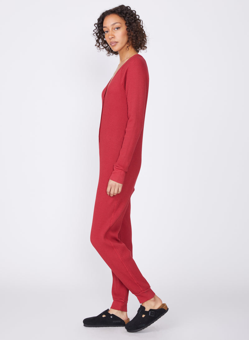 red luxe thermal onesie