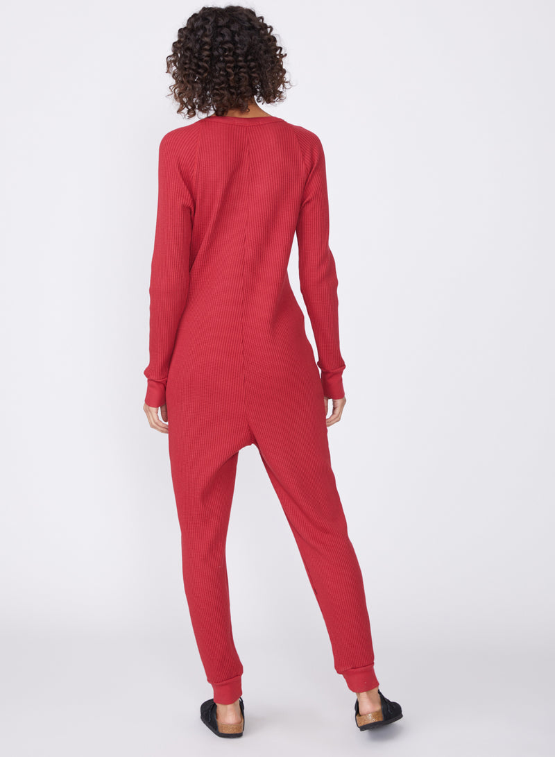 red luxe thermal onesie
