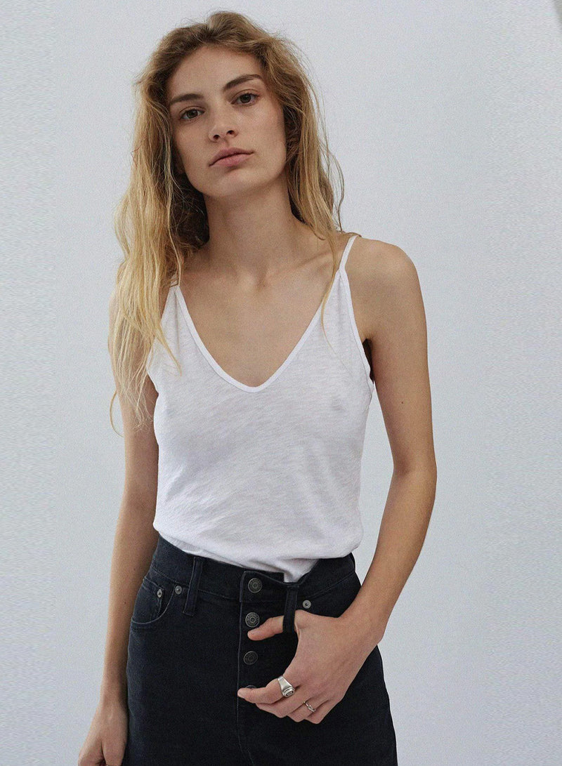 Supima Slub Jersey V-Neck Cami in White - paired with black jeans