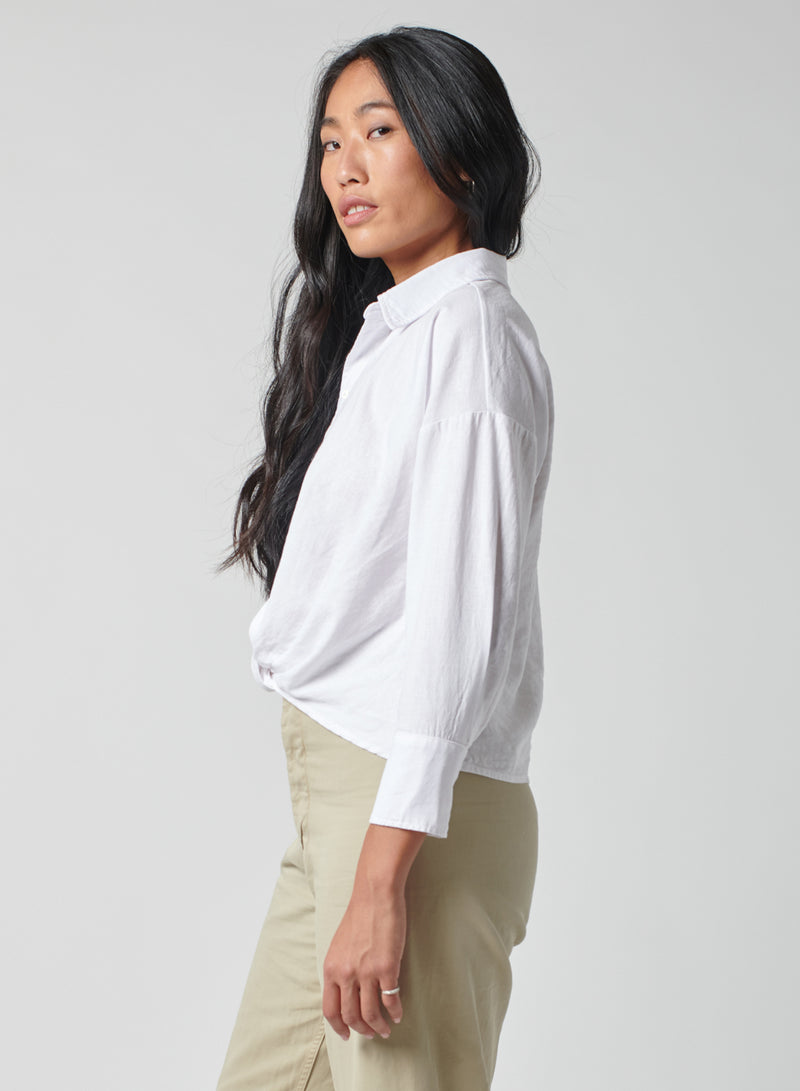 Linen Long Sleeve Front Twist Shirt in White