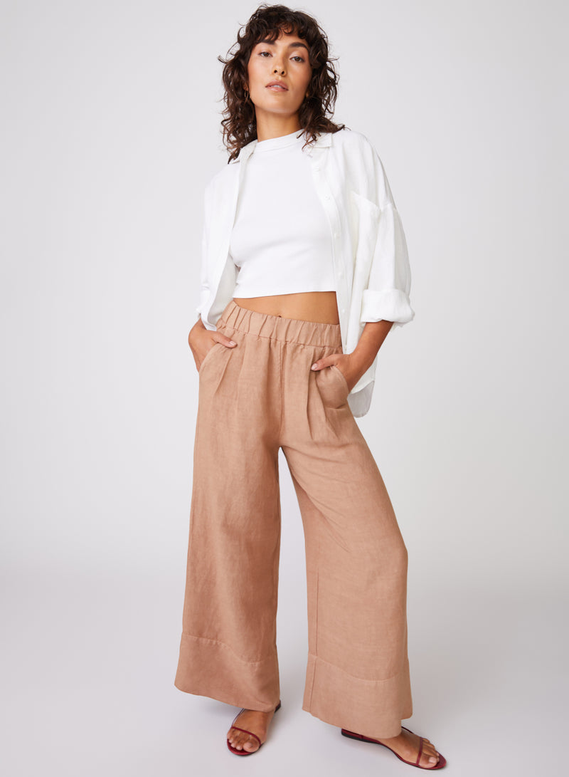 Stateside Linen Wide Leg Pant in Cafe - standing angle