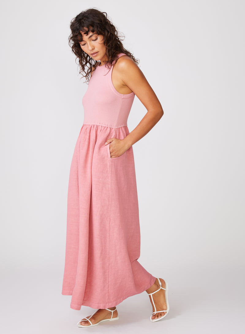 Stateside Linen Mixed Media High Neck Dress in Mauve Glow - side