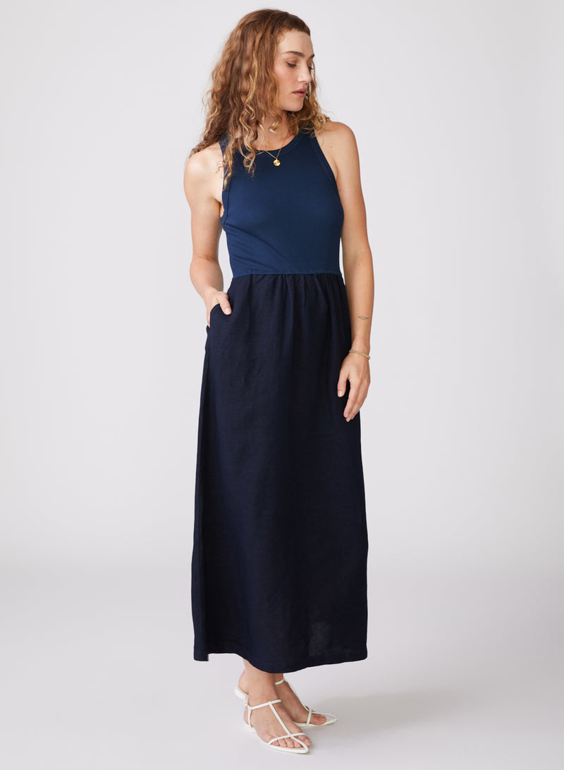 Stateside Linen Mixed Media High Neck Dress in New Navy - front