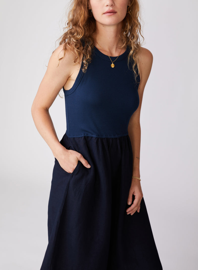 Stateside Linen Mixed Media High Neck Dress in New Navy - front close
