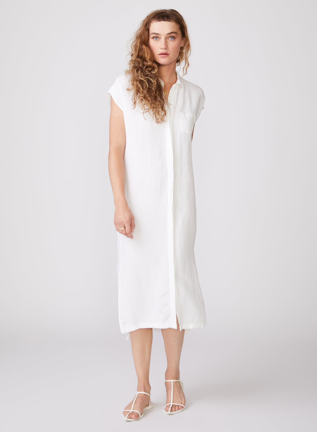 Linen Short Sleeve Maxi Shirt Dress in White