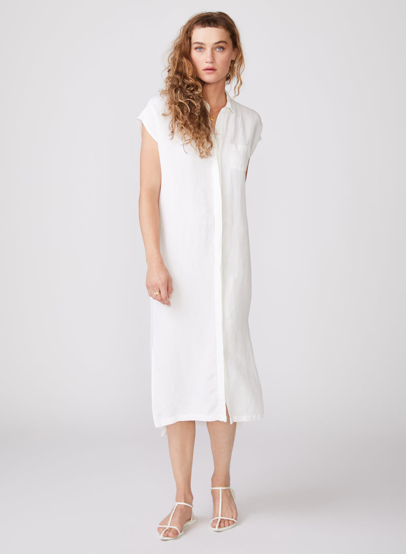 Linen Short Sleeve Maxi Shirt Dress in White - front full view