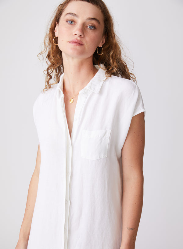 Linen Short Sleeve Maxi Shirt Dress in White - front close up