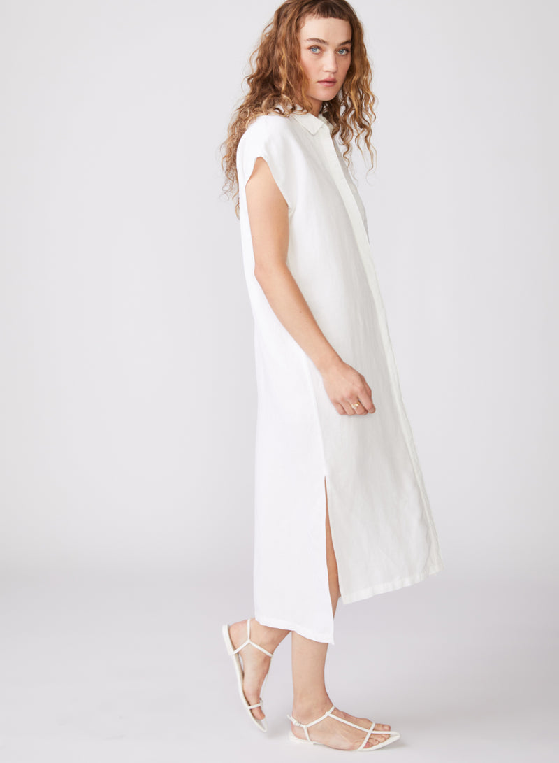 Linen Short Sleeve Maxi Shirt Dress in White - right side