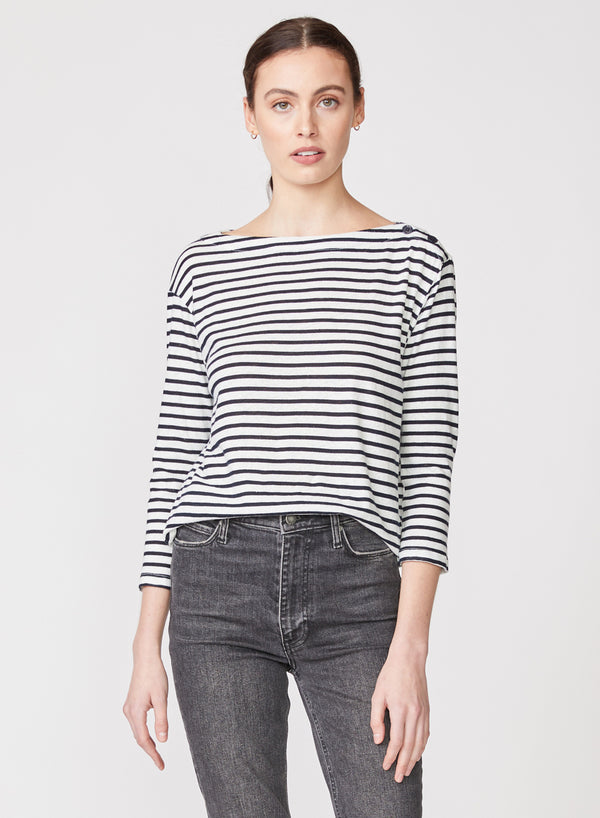blue & white striped boat neck top