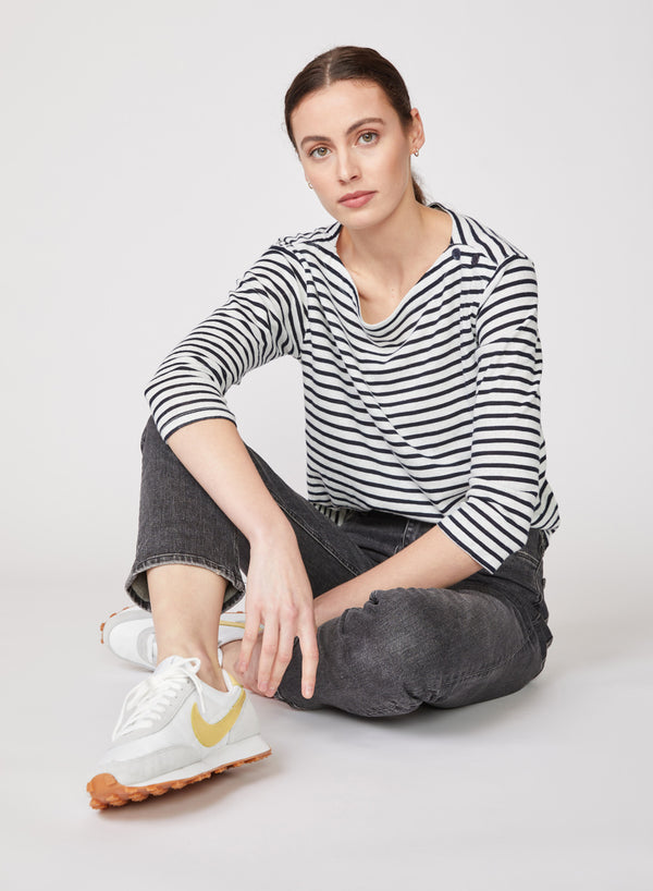 blue & white striped boat neck top