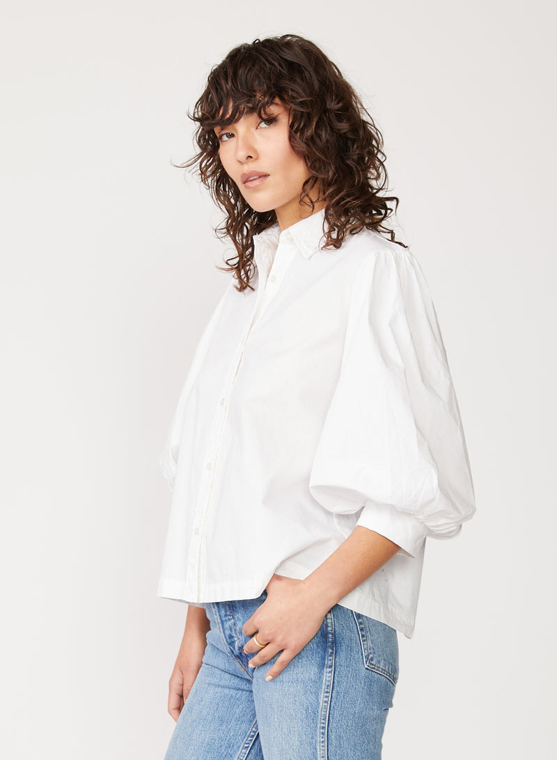 Structured Poplin Puff Sleeve Shirt in White –