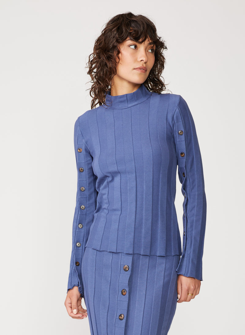 blue box pleat bell sleeve top - front view