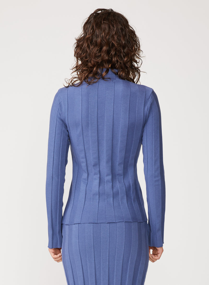 blue box pleat bell sleeve top - back view