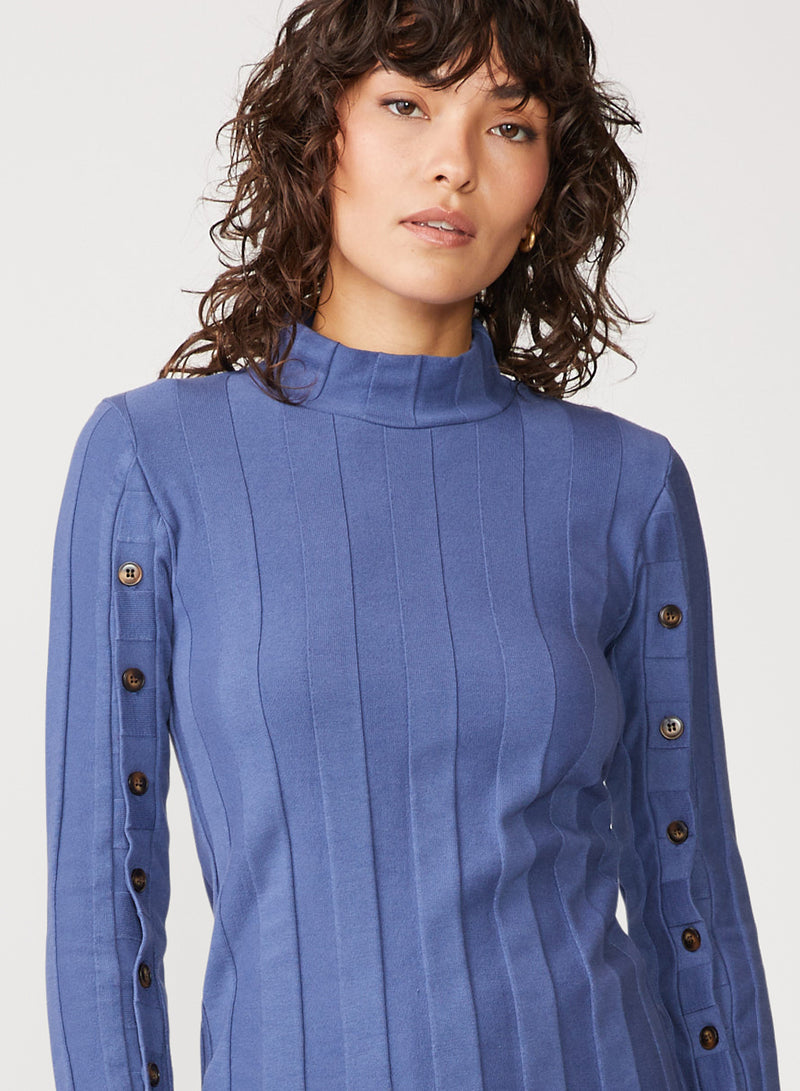 blue box pleat bell sleeve top - front close up