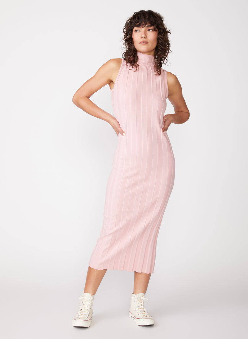 pink box pleat mock neck dress - front full view