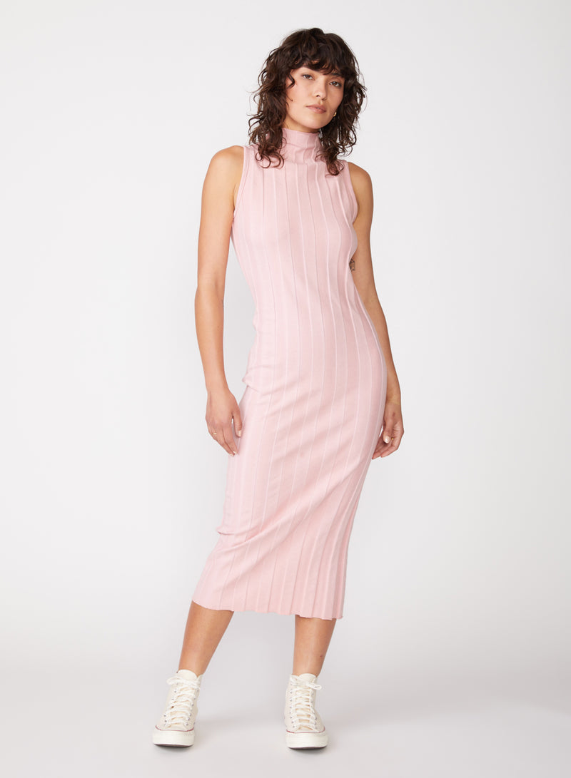 pink box pleat mock neck dress - front leaning
