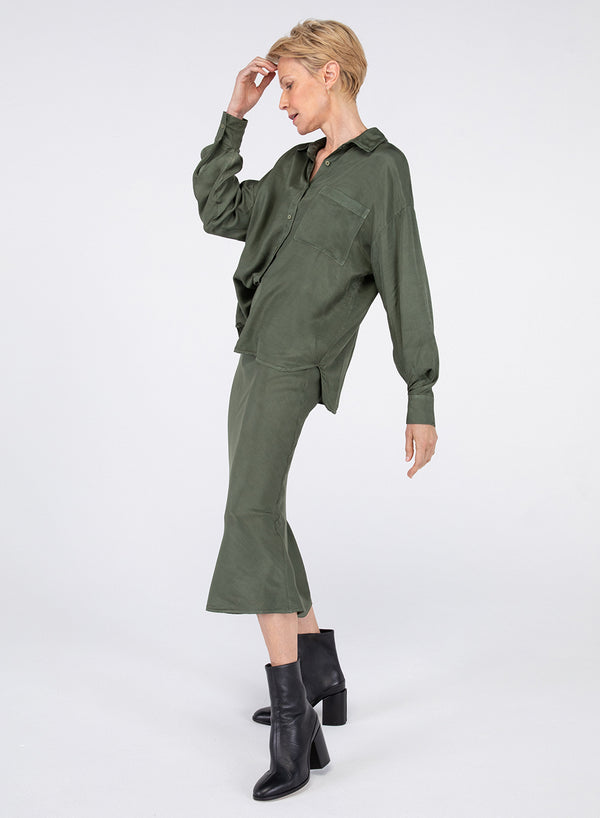 green viscose satin midi skirt
